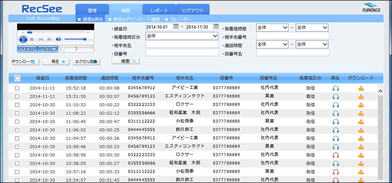 検索表示した録音データ一覧